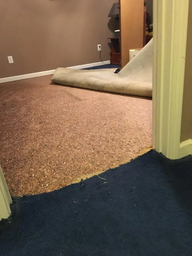 Carpet pad removal revealing water damage during Water Mitigation Services in Douglass